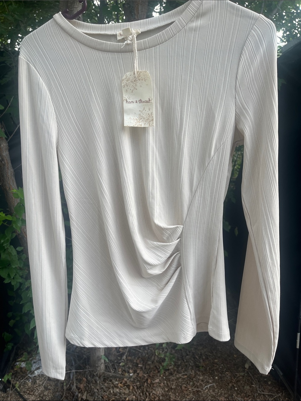 Cream Long-Sleeve Draped Front Ribbed Tee
